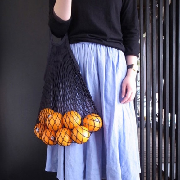 💥 CLEARANCE Cotton Net Short Handle French Market Bag Black - Picture 4 of 5